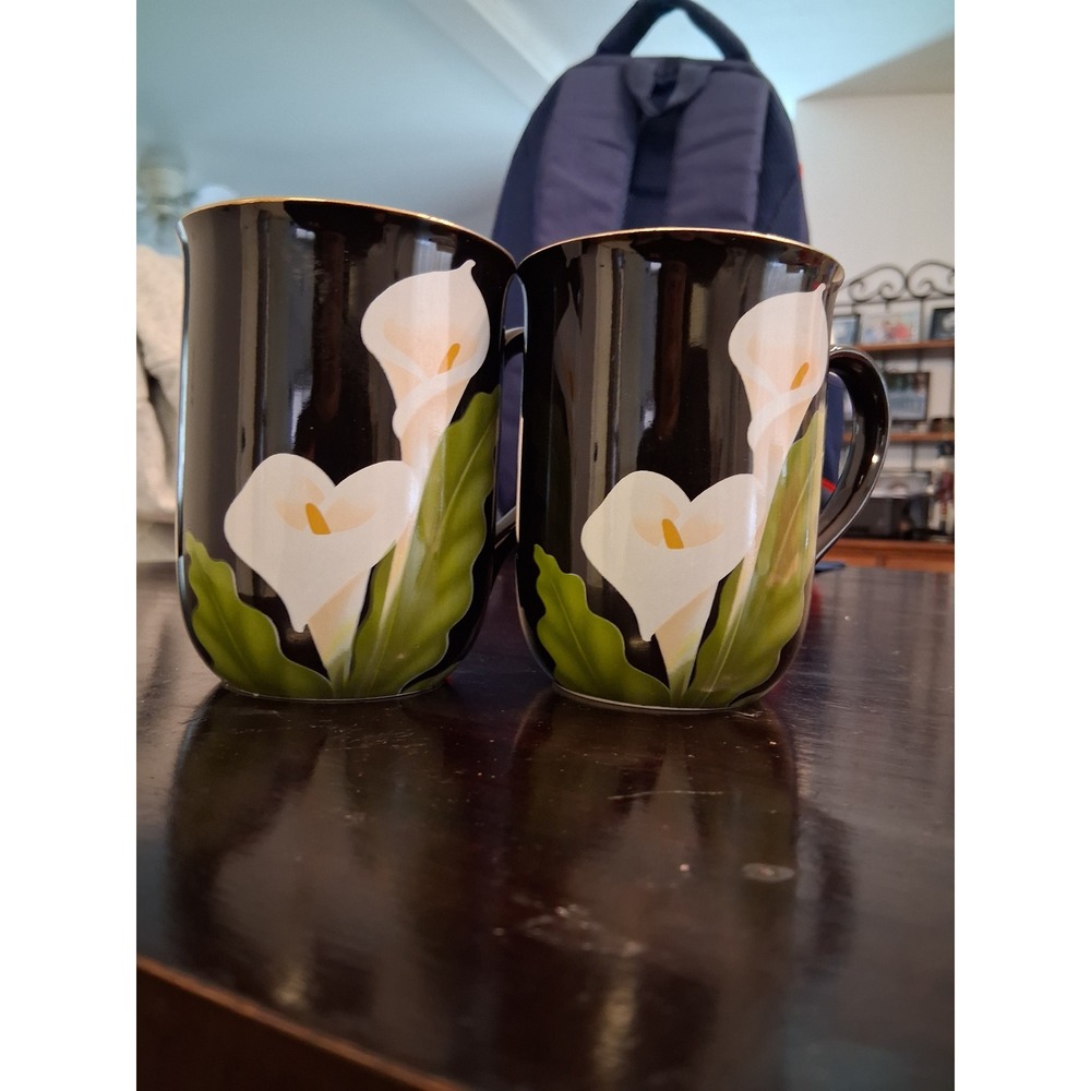 Otagiri Japan Calla Lily Mugs Set of 2 Black Gold Rim Vintage Ceramic Coffee Cup